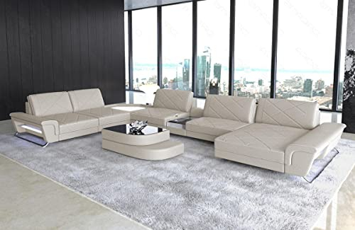 XXL Sofa Wohnlandschaft Ferrara das Ledersofa in U Form mit USB und Beleuchtung inklusive Kopfstützen Couch modern (Ottomane rechts, Beige-Weiß)
