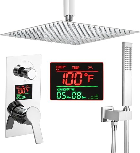 SKOWLL 12 Inch Shower Faucet Set, Ceiling Mount Rainfall Shower System with Handheld, 2 Function Shower Head System Hydro Power Temperature Display, Polished Chrome