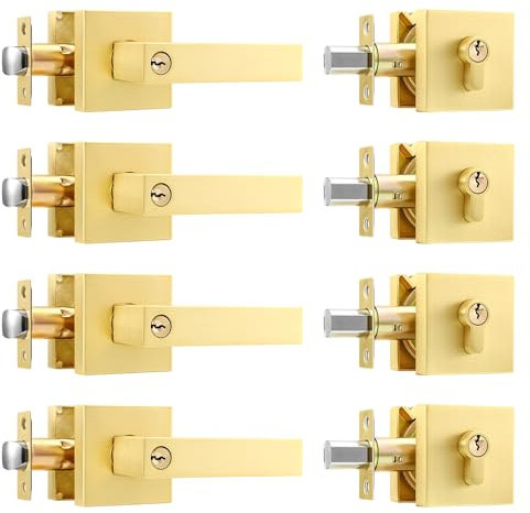 Leydebong 4 Stück Haustürgriff und Riegel-Set, robuster Eingangshebel, Türgriff für Büro und Haustür, goldener Riegel und Türknauf, Einzylinder-Riegelschloss gleichschließend