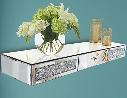 Verspiegeltes Möbel-Wandregal mit Schublade, Kristalldiamant-schwebender Vitrine, silberfarbener Spiegel, zerkleinerter Diamant, dekorativer Schminktisch, Wandkunst-Dekor, 80 cm L × 19 cm B × 8 cm H