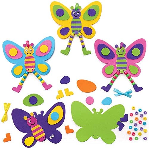 Baker Ross FC831 Moosgummi Schmetterling Bastelset mit Perlen - 5er Pack, Set für Kinder zum Basteln und Dekorieren, Ideal für Kindergeburtstag Basteln, Blau,Gelb,Grün,Lila, Mittel