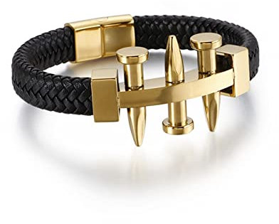 Skcess Goldene Armband Herren, Herren Armband Edelstahl Einfacher Nagel Armband Herren Schwarz 21.5cmx12mm Schmuck Herren Geschenke für Männer