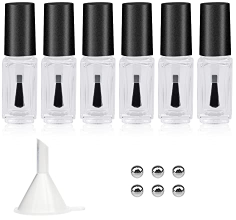 Agidea Empty Nail Polish Bottles with Round Brush 5ML, 6PCS Small Empty Glass Refillable Nail Polish Containers with Mixing Balls & Funnels (Matte Black)