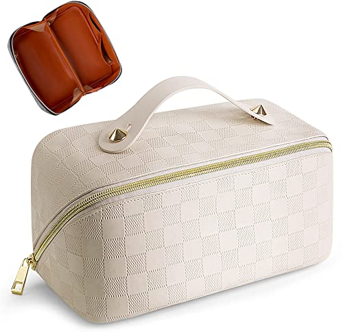 Cessfle Reise-Make-up-Tasche, kariert, große Kapazität, Kosmetiktasche, parallele Make-up-Tasche, große Make-up-Taschen für Damen, mit Griff und Trennwand, 01-weiß, modisch