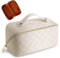 Cessfle Reise-Make-up-Tasche, kariert, große Kapazität, Kosmetiktasche, parallele Make-up-Tasche, große Make-up-Taschen für Damen, mit Griff und Trennwand, 01-weiß, modisch