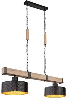 Stylische Pendelleuchte mit 2 Lampenschirmen aus Metall, Balken 80cm, Stanzmuster mit Löchern in Schwarz innen Gold