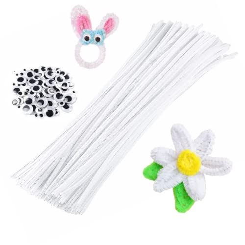 KIMMAX 100 Stück Pfeifenreiniger Weiß Chenilledraht 30cm Bastelset und 100 Wackelaugen für Kinder Basteln und Weihnachten Dekorieren (White)