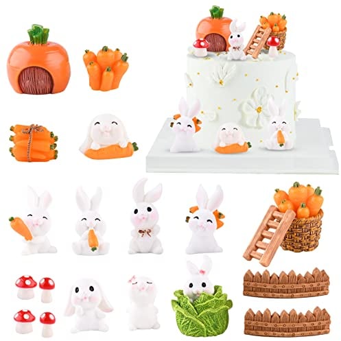20 Pcs Bunny Cake Topper Set Cute Rabbit Mini Figure Birthday Cake Toppers Decoration Rabbit Fairy Garden Mini Figurine Happy Bunny Birthday Cake Topper for Kids DIY Birthday Party Rabbit Garden Decor