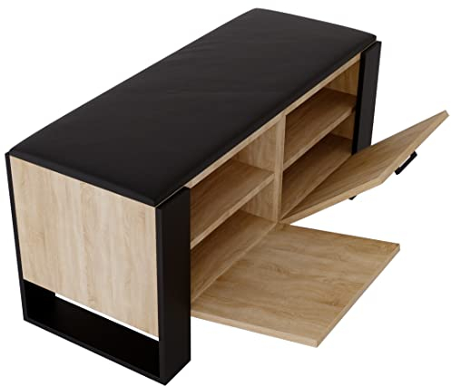 MRBLS Schuhschrank mit Sitzbank - Modernes Design & Robuste Qualität – Schuhregal Geschlossen Schuhbank Garderobenbank mit Sitzfläche Sitzpolster – erhältlich in 6 Farben (Eiche - Schwarz Matt)