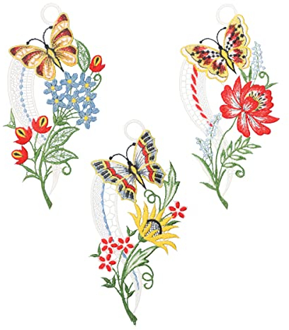 Plauener Spitze Fensterbild Schmetterlinge mit Blüte 3er-Set, farbig, je 10 x 21 cm, Plauener Spitze Fensterdeko Fensterschmuck Bilder Handarbeit Deko Fenster