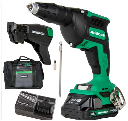 Metabo HPT 18V MultiVolt Cordless Drywall Screw Gun Kit, High-Speed Power Screwdriver with Collated Screw Magazine, 2.0Ah Lithium-Ion Battery and Charger, Lightweight Ergonomic Design, W18DAQB