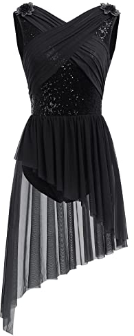 Ballettkleidung Damen Tanzkleid Ärmellos U-Rücken Glitzer Pailletten Blume Ballett Body Ballettanzug Asymmetrischer Tüllkleid Ballettkleid Salsa Ballerina Dancewear Eiskunstlauf Kleid Schwarz S