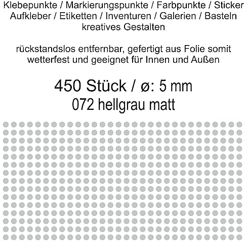 Aufkleber Etiketten Klebepunkte aus Folie 450 Stück grau hellgrau rund 5 mm selbstklebend farbig wetterfest Decal Markierungen Organisieren DIY basteln verzieren Modellbau Scrapbooking