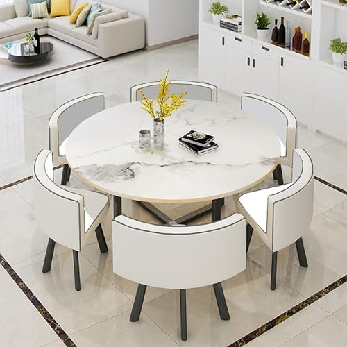 EYEWEB Rund Esstisch mit 6 Stühlen Set, Konferenztisch Schreibtisch Couchtisch mit 6 Stühlen Küchentisch Set,Dining Table Set 6 Chairs(Bianco)
