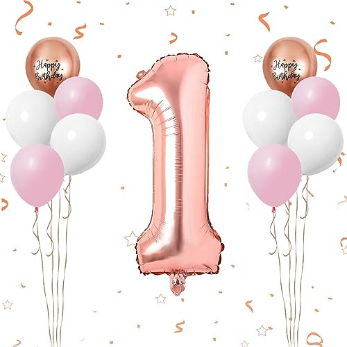 40 Inch Rose Gold Number 1 Balloon, 1st Birthday Balloons, 11Pcs Rose Gold Birthday Print Balloons Matt White Pink Latex Balloons 1 Foil Balloon for Baby Girl 1st Birthday Party Decoration Anniversary
