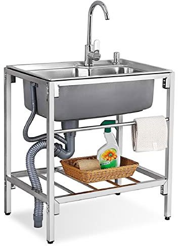 Fregadero de acero inoxidable de 1 lavabo móvil con grifo para garaje, jardín, camping, sótano con colador de drenaje para cocina, taller, granja, catering (71 x 47 x 75 cm)
