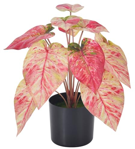 Aphighjoy Künstliche Caladium-Pflanzen im Topf, Rosa, 40,1 cm, künstliche Taro-Pflanze in Töpfen für Heimdekoration, Büro, Schreibtisch, Badezimmer, Schlafzimmer, grüne Dekoration