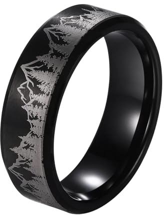 JewelryWe Ring Herren Wolfram Wald: 8mm Breite Herren-Ring Wolframcarbid Schwarz Waldmuster Verlobungsringe Eheringe Trauringe Hochzeit Band Männer Ringe mit Gravur Größe 57