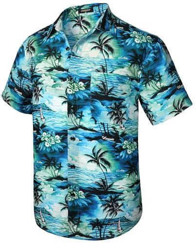 HISDERN Hawaiian Shirts for Men Casual Mens Shirts Short Sleeve Summer Funky Beach Men's Regular Fit Hawaii Print Short Sleeved Aloha Shirt,Aqua & Blue,L