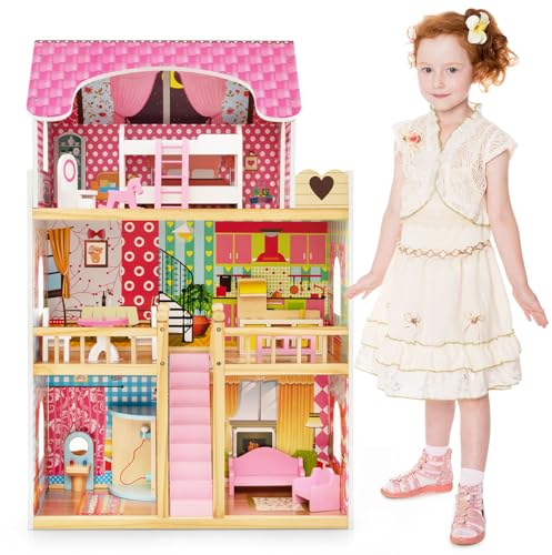 GOPLUS Puppenhaus aus Holz, multifunktionales Dollhaus mit 6 Zimmer & komplettem Spielzubehör, Traumhaus 3 Etagen für Mädchen und Jungen ab 3 Jahren, Rosa