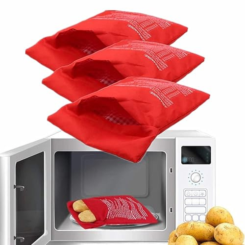 Microwave Potato Bags, 3 Pack Reusable Microwave Cooker Bag, Baked Pouch Potato Bag, Red