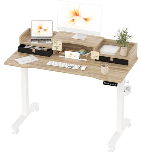 BEXEVUE Elektrischer Schreibtisch Höhenverstellbar - 120x60cm Stehschreibtisch mit 2 Schubladen Monitorständer, 3 Memory Funktion Anti-Kollisions Technologie, Computertisch Ergonomischer Sitz-Stehpult