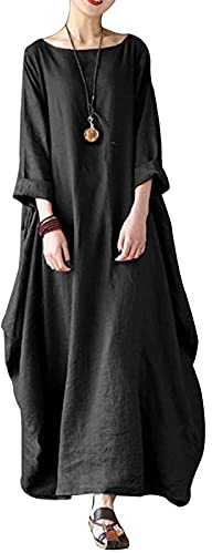 Robe longue festive bohème pour femme - Élégante - Grandes tailles - Col rond - Manches longues - Longueur cheville - Coton et lin - Couleur unie - Robe décontractée - Tunique de plage sans