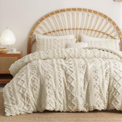 Lanqinglv Beige Bettwäsche 135x200 cm Boho Getuftet Exquisite Stickerei Geometrisch Shabby Chic Vintage Bettbezug 135x200cm mit Reißverschluss und 1 Kissenbezüge 80x80cm