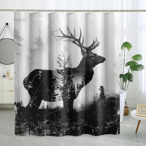 DESIHOM Duschvorhang mit Wald-Hirsch, Waldumriss, Jagd, Duschvorhänge für Badezimmer, Kabine, rustikales Thema, Badezimmer-Dekor, Polyestergewebe, 183 x 198 cm, Schwarz / Weiß