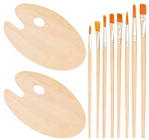 Palette de 2 pièces, 8 pinceaux, palette en bois, plateau ovale en bois, palette avec trous pour les pouces, outils de peinture pour artistes