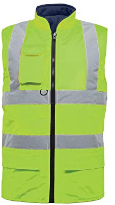 Hi Vis Viz Padded Reversible Fleece Lined Bodywarmer, Hi-Vis Safety High Visibility Gilet Waistcoat Waterproof Two Tone Reflective Tape Workwear Vest UK Plus Size S-5XL