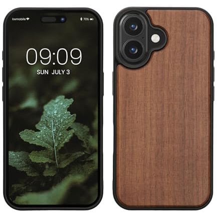 kwmobile Custodia Compatibile con Apple iPhone 16 Cover - Protezione in Legno per Smartphone - Back Case con Bumper in Silicone TPU - Marrone Scuro
