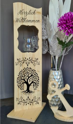 Holzaufsteller, Holz Deko Schild Holzschild Eingangsschild Lebensbaum mit Windlicht aus Glas, Geschenk, Weihnachten, Geburtstag