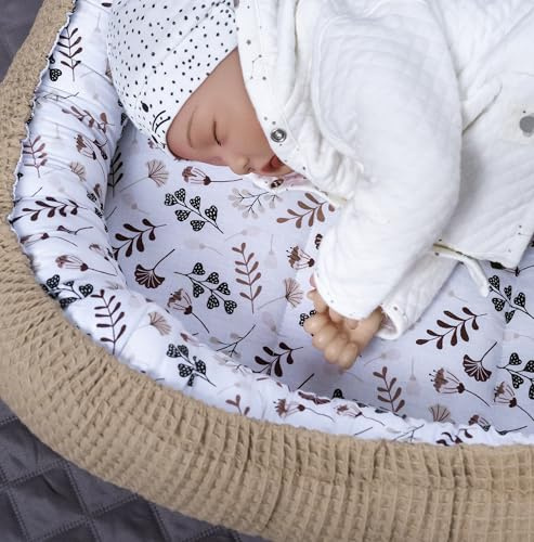 Braun BLUMEN/Taupe Waffelpique Bio-Baumwolle Babynest Neugeborene Baby Unterlage Reisebett Nestchen SOLO/o. in PREMIUM Ausstattung SETS (Neschen SOLO)
