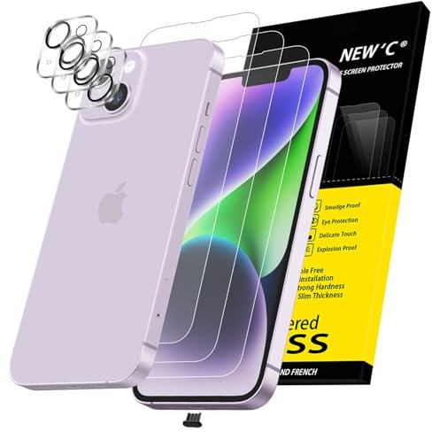 NEW'C 3x for iPhone 14 Screen Protector (6.1 inches)+ 3x Camera Lens Protector, Sensor Protection + Dust Plug - Case Friendly Tempered Glass Film, Ultra Resistant