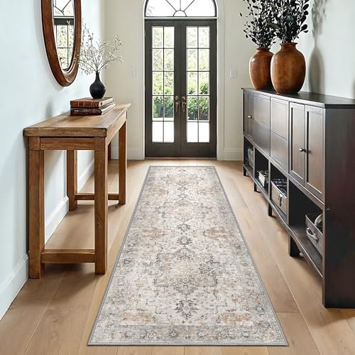 GENIMO Läufer Flur rutschfest 80x300cm, Vintage Teppiche Flur, Waschbare Teppich, Bettumrandung Schlafzimmer, Lang Läufer Küche, Korridor, Treppe, Beige