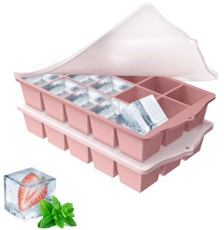 YUNISS Eiswürfelform Silikon, 2 Stück 15 Fach Eiswürfelschalen, Stapelbar Eiswürfelbehälter Mit Deckel BPA Frei, Sichere Gesunde Eiswürfel Form für Babybrei Cocktail Whiskey Kaffee Eiscreme -Rosa