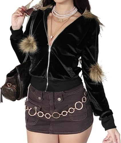 LLECDASEUI Velvet Hoodies for Women, Long Sleeve Zip Sweatshirt Crop Top Jackets with Fur Hooded Drawstrings, Retro Y2k