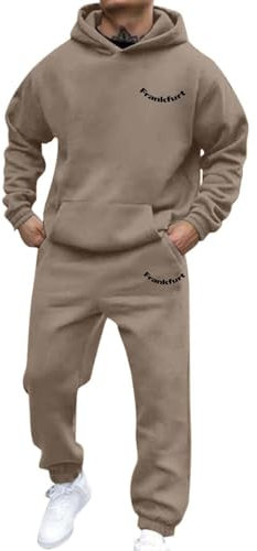 Generisch Tuta da jogging da uomo, 2 pezzi, con cappuccio e pantaloni sportivi Y2K, set da jogging, traspirante, Hip Hop Streetwear, caffè, S