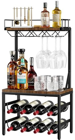 Nuovoware Licorera de 3 Niveles con Estante para Vino, Licorera Independiente con 8 Botellas para Bar, Estantería para Vino Independiente de Pie con Tablero y 8 Soportes para Copas, Negro+Marrón Retro