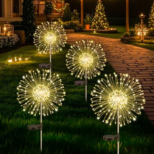 4er-Pack Solarleuchten für den Garten, Löwenzahn Solarfeuerwerk 120 LEDs, 8 Modi Starburst Light, Gartenlampe wasserdicht für Rasen Patio Yard Party Hinterhof Dekoration/warmes Weiß