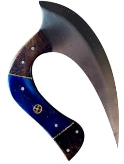 H-RAF Couteau Ulu Traditionnel, Manche en Noir et Blanc, Lame Courbée en Acier (BLEU)