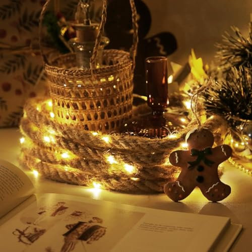 Ciskotu LED Fairy Rope Lights, 60 LEDs String Light Warm White, Waterproof Summer Decoration Sea Christmas Lighting for Decoration Outdoor Garden Patio Balcony 3m (30mm Thick Beige Cotton Rope)