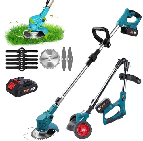21V Cordless Strimmer,Foldable Battery Strimmer,Telescopic Lightweight Grass Trimmer with 3 Types of Blades,2 x Battery, Electric Garden Strimmer Grass Cutter for Lawn Edger Pruning Weed (1 battery)