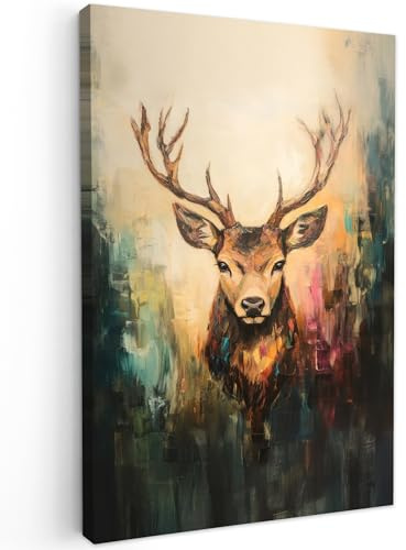 MuchoWow© Leinwandbilder Wall Art Decoration Bilder für die Wand | 60x90 cm - Schlafzimmer Deko Canvas Painting Wanddekoration Wohnzimmer Hirsch - Gemalt - Geweih - Braun