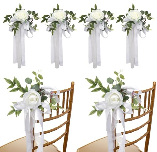 Stuhldekoration für Hochzeiten 6-teilig Dekoration für den Hochzeitsgang Rosen Hochzeitsblumen Dekoration für Kirchenbänke mit Blättern und Bändern künstliche Blumen für die Hochzeitszeremonie Weiß