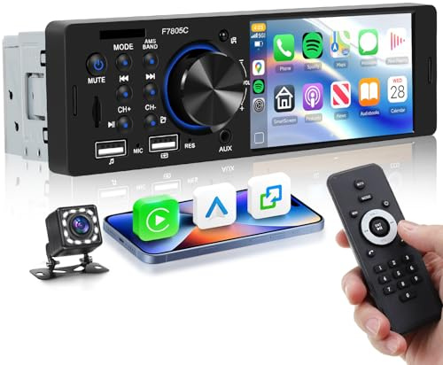 Hodozzy 1 Din Autoradio mit CarPlay Android Auto, Auto Audio mit Bluetooth-Freisprecheinrichtung, 4 Zoll 1 Din MP5 Player Unterstützt FM/ 2 USB/TF/AUX/Schnellladung, Lenkradsteuerung+ Kamera