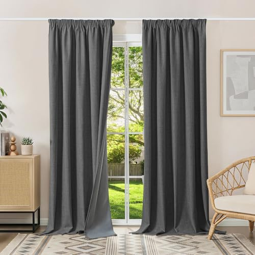 Runyéla 100% Verdunklungsvorhänge Thermovorhänge Kälteschutz Gardinen mit Kräuselband 245 x 140 cm (HxB) 2er Set Leinenoptik Vorhänge Blickdicht Grau, Schiebegardinen Wohnzimmer Curtain