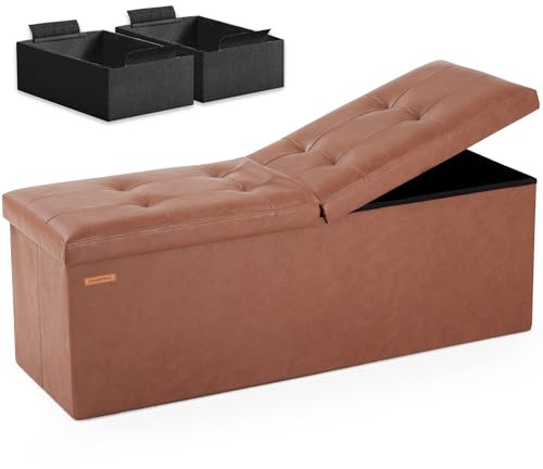 HAUSFRAU Sitzhocker mit Stauraum Sitzbank Hocker klappbar Aufbewahrungsbox, bis 300 kg belastbar, Fußbank für Wohnzimmer Schlafzimmer Flur, 110x38x38 cm, Kunstleder Retro Braun