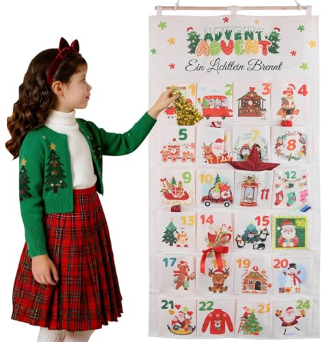 Fabric Advent Calendar 2025, Weihnachts Countdown Wandkalender zum Befüllen, Hochwertig Bestickt Stoffbeutel mit 24 Taschen Wiederverwendbar Wandbehang Geschenksäckchen Weihnachtsdeko